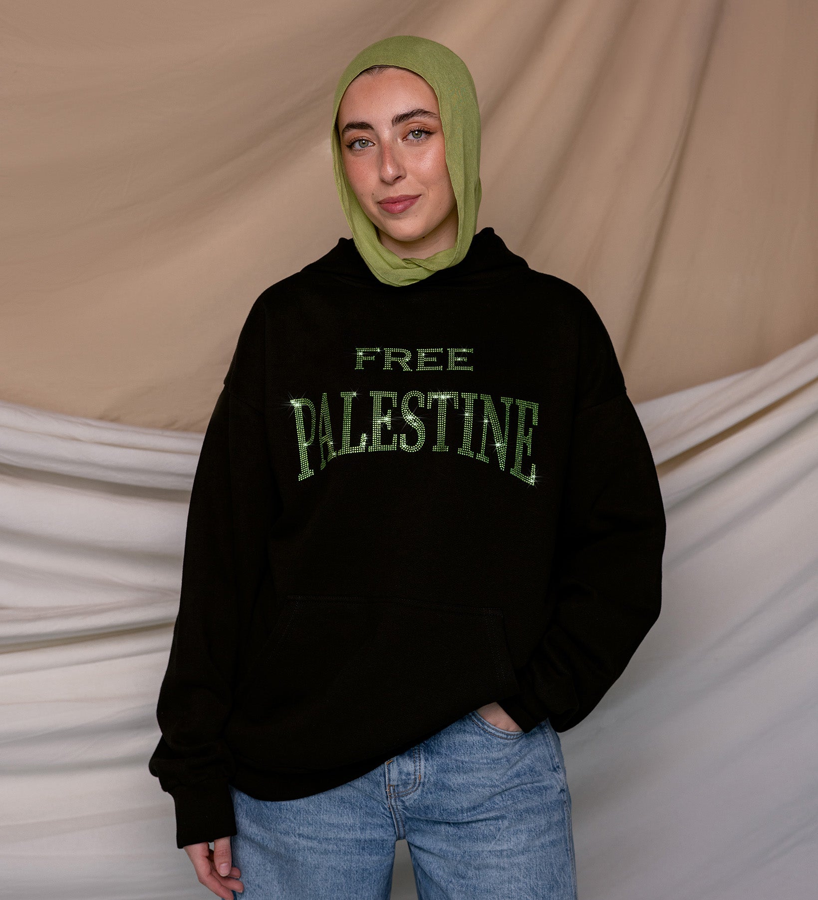 Free Palestine Green Rhinestone Hoodie
