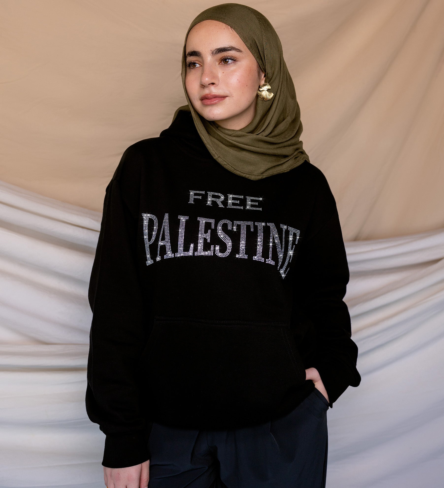 Free Palestine Black Rhinestone Hoodie